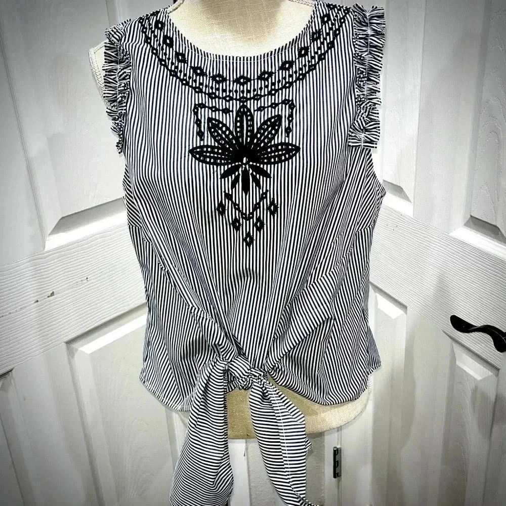 Signature Studio railroad striped, embroidered, sleeveless shirt with waist tie